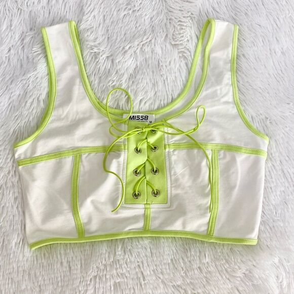 Crop Top Corset NEW lace up Y2K 90s Neon Green White Boutique Size M - Picture 4 of 4
